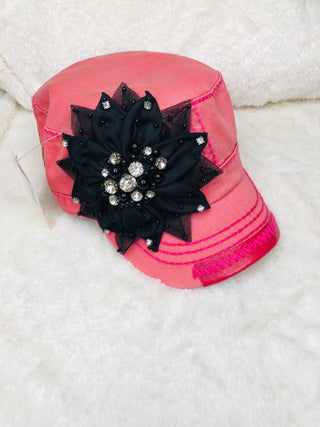 Hot Pink Cadet Hat with Black Flower Embellishment
