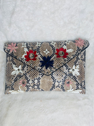 Snake Print Studded Clutch