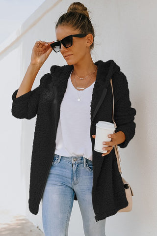 Long Sleeve Zipper Hooded Fuzzy Coat